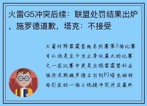 火雷G5冲突后续：联盟处罚结果出炉，施罗德道歉，塔克：不接受