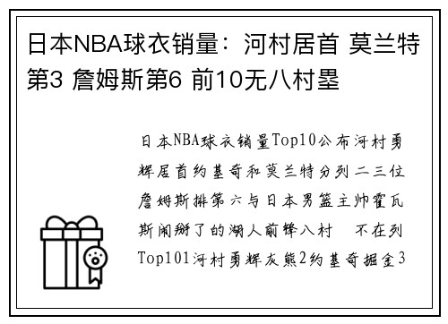 日本NBA球衣销量：河村居首 莫兰特第3 詹姆斯第6 前10无八村塁